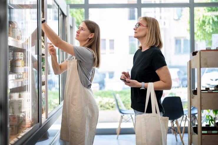 Kostenlose Foto mittelgroße frauen auf der suche nach produkt