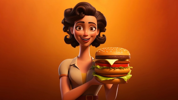 Kostenloses Foto mittelgroße zeichentrickfilm-junge frau mit burger