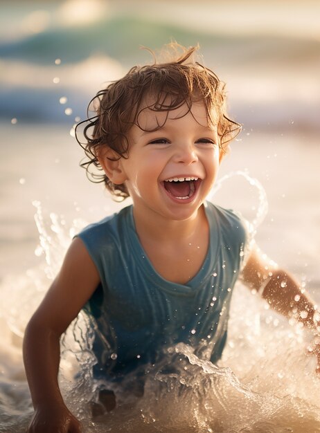 Mittelgroßer Junge, der sich am Strand entspannt