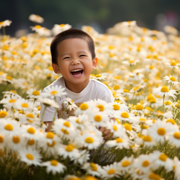 Mittelgroßer Junge posiert mit Blumen