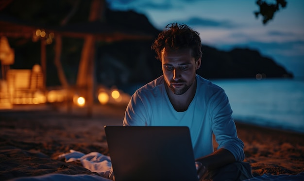 Mittelgroßer Mann, der am Strand arbeitet