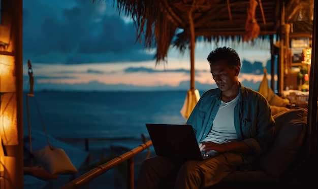 Mittelgroßer Mann, der am Strand arbeitet