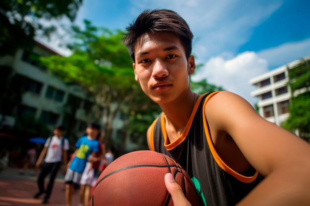 Kostenloses Foto mittelgroßer mann, der basketball spielt