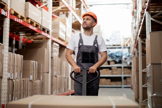 Mittelgroßer Mann, der im Lager arbeitet