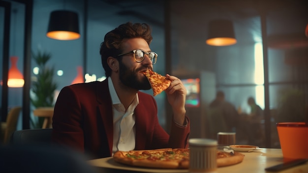 Kostenloses Foto mittelgroßer mann mit köstlicher pizza