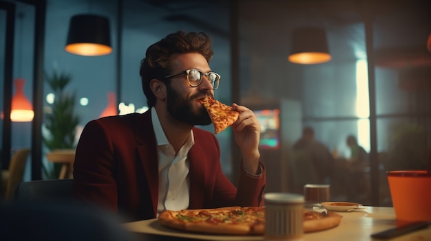 Mittelgroßer Mann mit köstlicher Pizza