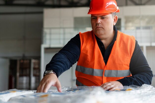 Mittelgroßer, übergroßer Mann, der im Baugewerbe arbeitet