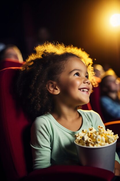 Mittelgroßes Mädchen im Kino mit Popcorn