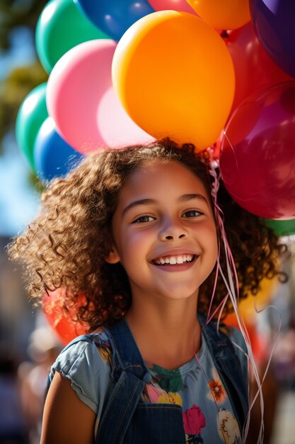 Mittelgroßes Mädchen posiert mit Ballons
