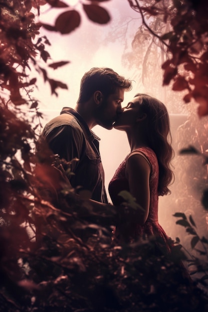 Mittelgroßes Paar küsst sich mit Fantasy-Hintergrund