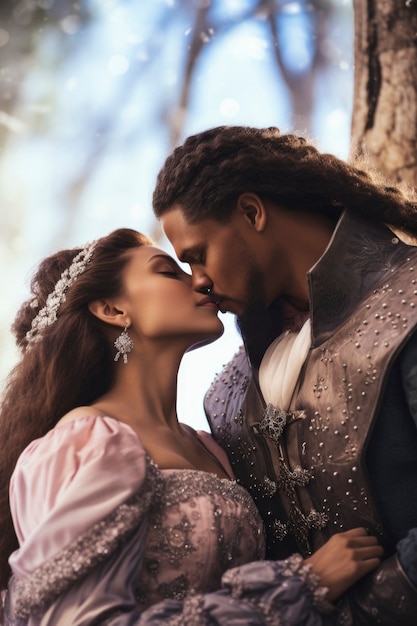 Kostenloses Foto mittelgroßes paar küsst sich mit fantasy-hintergrund
