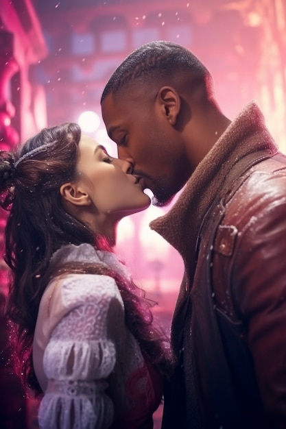 Kostenloses Foto mittelgroßes paar küsst sich mit fantasy-hintergrund
