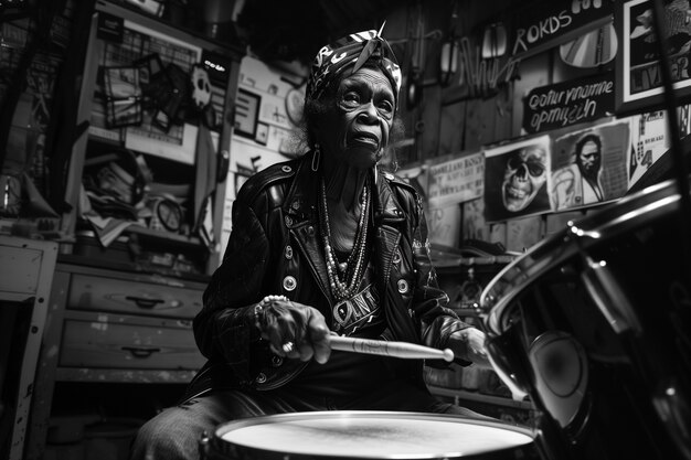 Mittelschuss rebellische Großmutter spielt Schlagzeug