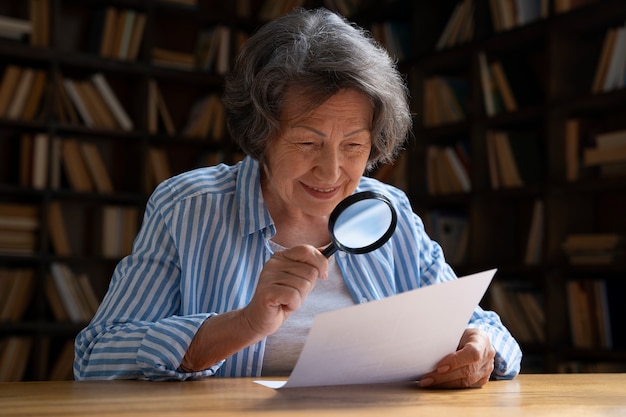 Mittlere Aufnahme einer alten Frau in der Bibliothek