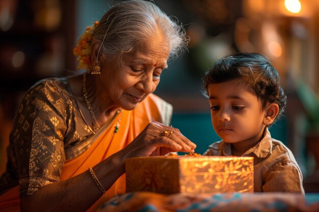 Mittlere Aufnahme einer alten Frau und eines Kindes, die das tamilische Neujahr feiern