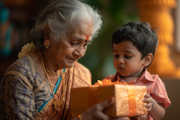 Mittlere Aufnahme einer alten Frau und eines Kindes, die das tamilische Neujahr feiern