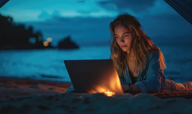 Mittlere Aufnahme einer Frau, die am Strand arbeitet