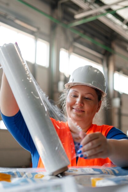 Mittlere Aufnahme einer Frau, die im Baugewerbe arbeitet