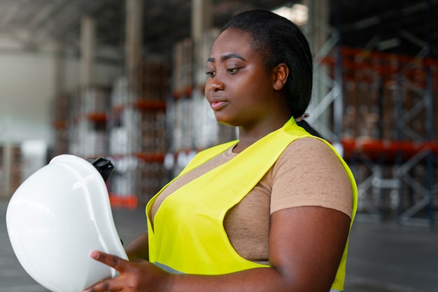 Mittlere Aufnahme einer Frau, die im Baugewerbe arbeitet