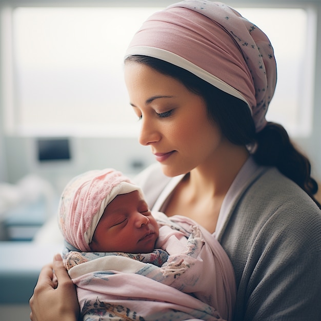 Mittlere Aufnahme einer glücklichen Mutter, die ihr Baby hält