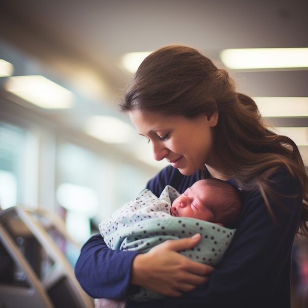 Kostenloses Foto mittlere aufnahme einer glücklichen mutter, die ihr baby hält