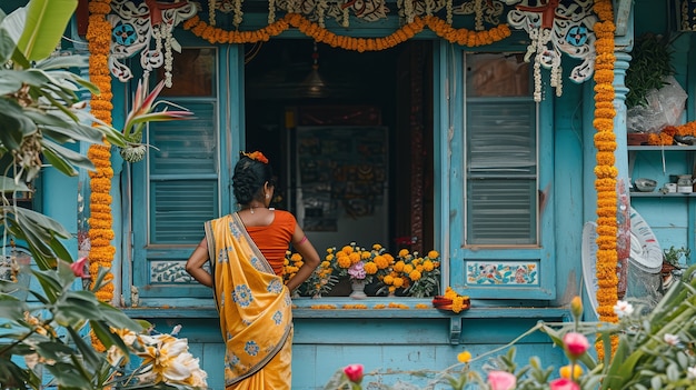 Kostenloses Foto mittlere aufnahme einer jungen frau, die das tamilische neujahr feiert