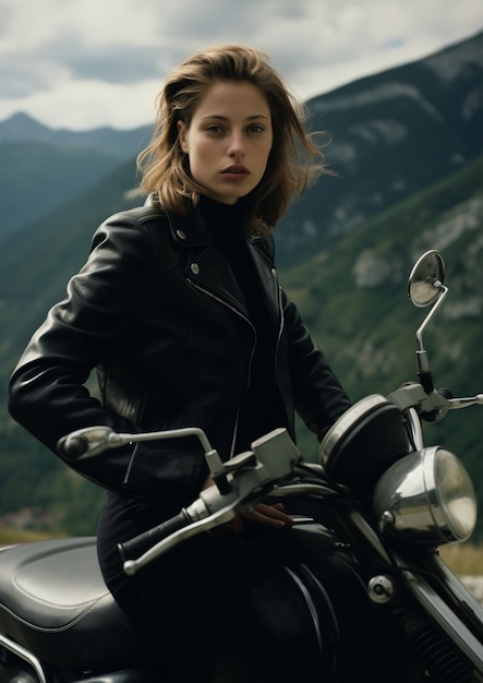 Mittlere Aufnahme einer jungen Frau, die Motorrad fährt