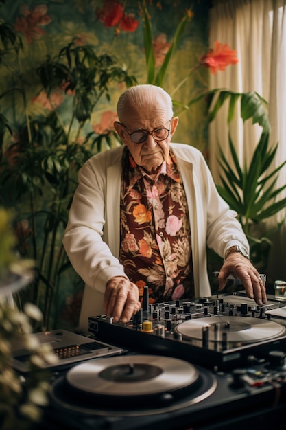 Mittlere Aufnahme eines älteren Mannes als DJ