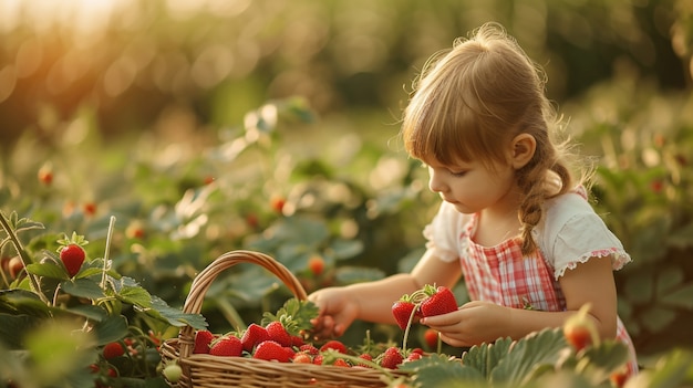 Mittlere Aufnahme eines Kindes, das Erdbeeren pflückt