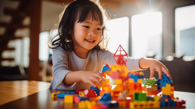 Mittlere Aufnahme eines Mädchens, das drinnen mit Spielzeug spielt