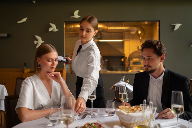 Mittlere Aufnahme eines Paares beim Mittagessen in einem Luxusrestaurant