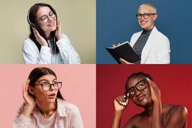 Mittlere Aufnahmen von Menschen mit Brille, die im Studio posieren