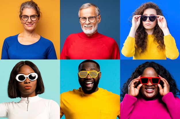 Mittlere Aufnahmen von Menschen mit Brille, die im Studio posieren