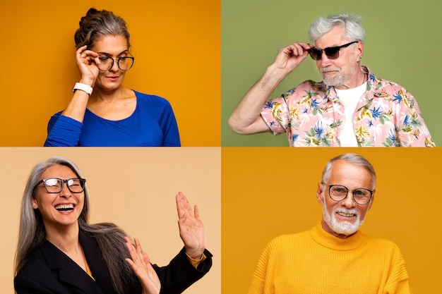 Mittlere Aufnahmen von Menschen mit Brille, die im Studio posieren