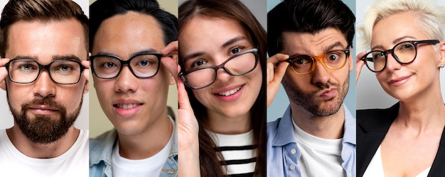 Kostenloses Foto mittlere aufnahmen von menschen mit brille, die im studio posieren