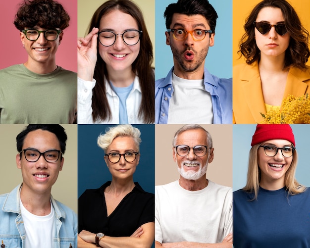 Mittlere Aufnahmen von Menschen mit Brille, die im Studio posieren