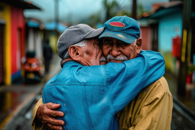Mittlere Einstellung älterer Männer, die sich umarmen