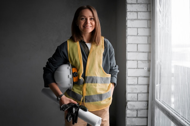 Kostenloses Foto mittlere schussfrau, die als ingenieur arbeitet