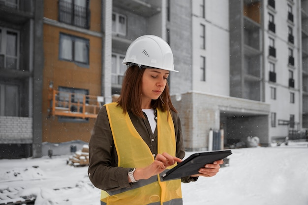 Mittlere Schussfrau, die als Ingenieur arbeitet