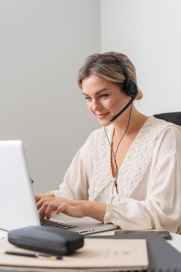 Kostenlose Foto mittlere schussfrau, die an laptop arbeitet