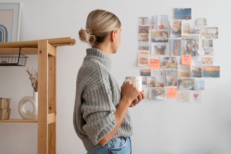 Kostenlose Foto mittlere schussfrau, die sichttafel betrachtet