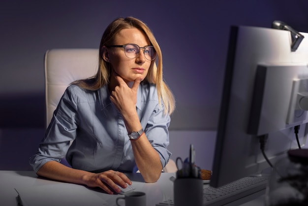 Kostenloses Foto mittlere schussfrau, die spät nachts arbeitet