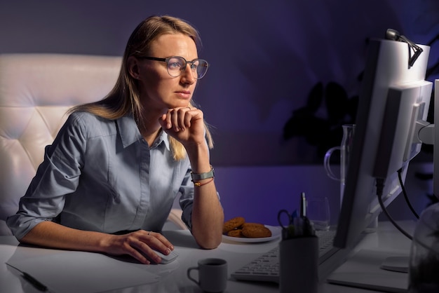 Kostenloses Foto mittlere schussfrau, die spät nachts arbeitet