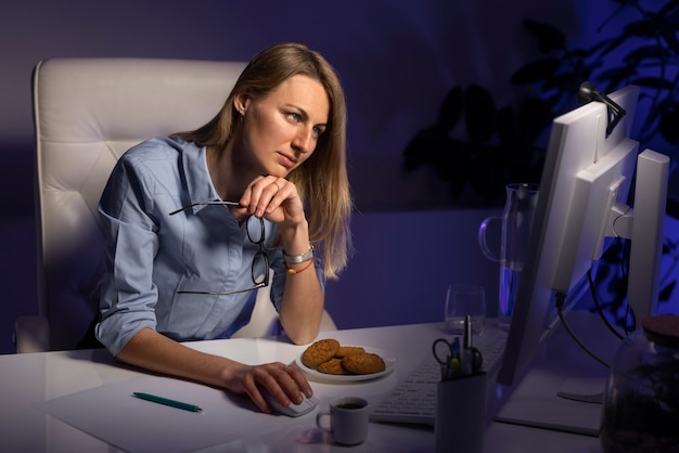 Mittlere Schussfrau, die spät nachts arbeitet