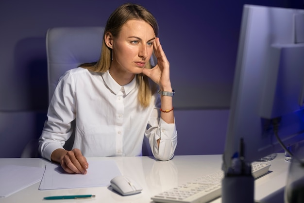 Kostenloses Foto mittlere schussfrau, die spät nachts arbeitet