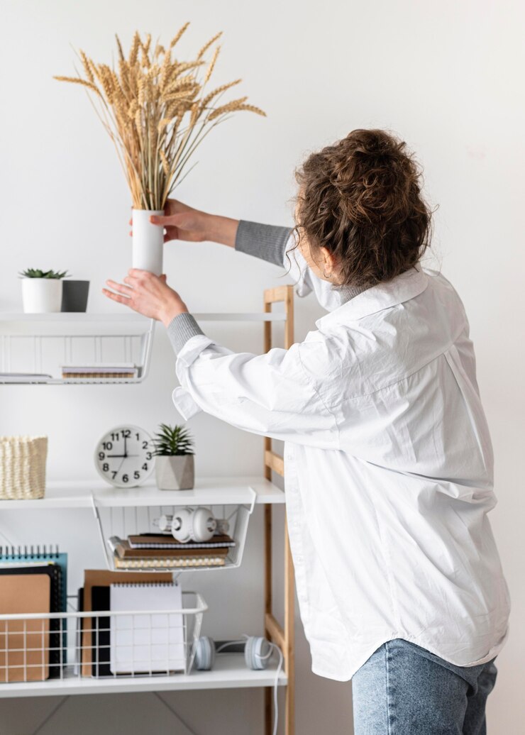 Kostenlose Foto mittlere schussfrau, die vase hält