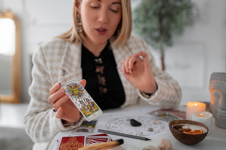 Kostenlose Foto mittlere schussfrau, die zu hause tarot liest