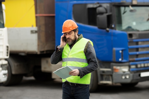 Mittlerer Schuss Mann, der am Telefon spricht