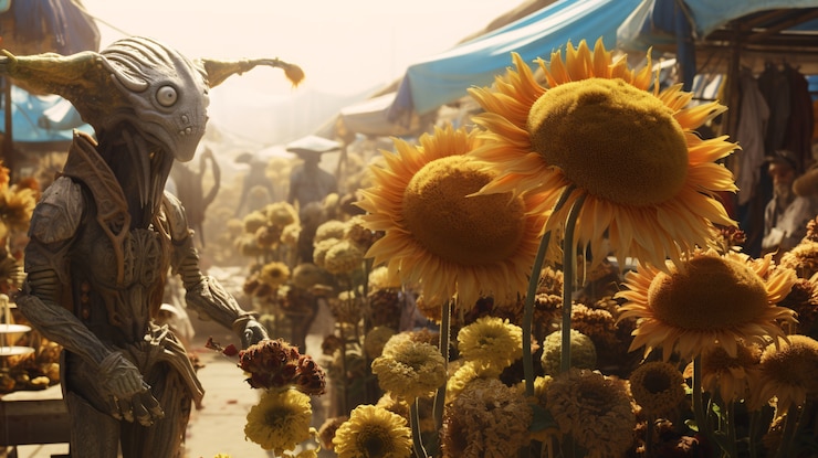 Mittlerer Schuss Mann mit Sonnenblumen