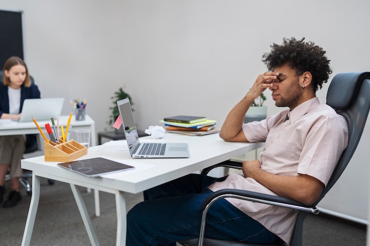 Kostenlose Foto mittlerer schuss müder mann mit laptop bei der arbeit